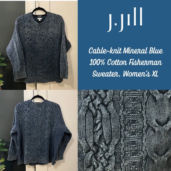 J. Jill Cable-Knit 100% Cotton Pullover, Mineral Wash Blue Size XL - Picture 1 of 15